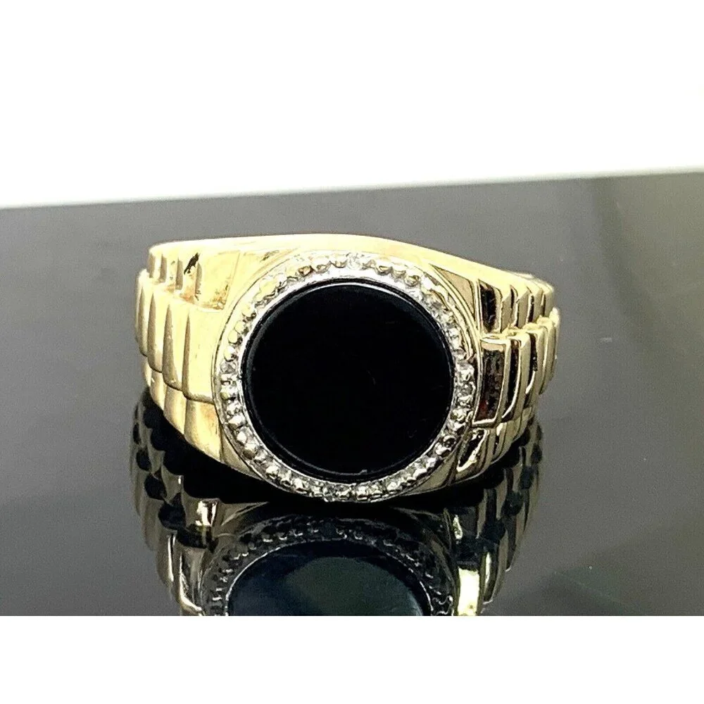 Rolex Style Ring 10k Yellow Gold Diamond Onyx Statement Cocktail Men's S…